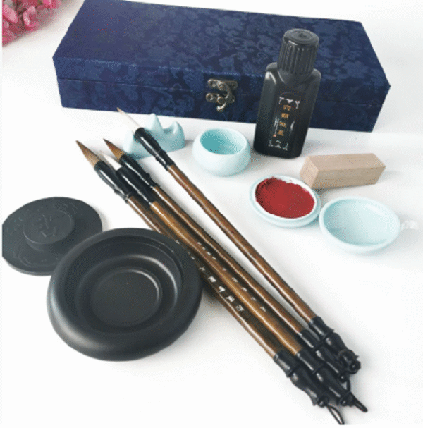 007 Four Treasure of Study Chinese Ink Brush Ink Stone Ink Pad Paste Ink Seal Student Basic Practice Calligraphy Painting for artworks Brocade Box Package