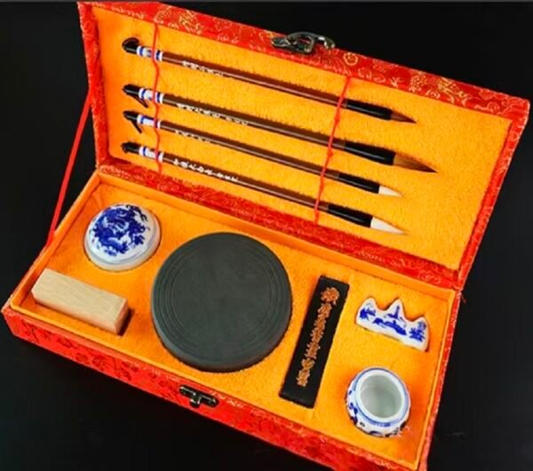 Plan A(Red Color Song Brocade Box Tool Sets for Calligraphy ) Traditional Calligrapher's Tools: Comprehensive Stationery Pack Set Including Ink Stones & Pads for Enthusiasts Four Treasures of Study Chinese Ink Brush