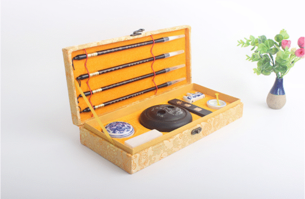 Four Treasure of Study Chinese Ink Brush Ink Stone Ink Pad Paste Ink Seal Student Basic Practice Calligraphy Painting for artworks Brocade Box Package
