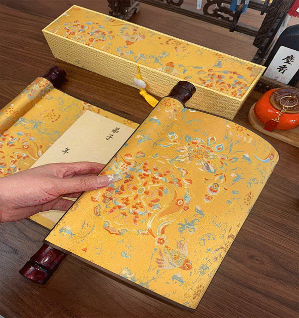 Golden Color Song Brocade Box with Xuan Paper Handicrafts Hand Scroll Art Craft Gift Set  For Painting Calligraphy Hanji ShuDao