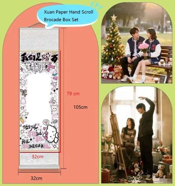 Xuan Paper Hand Scroll  100*34cm Song Brocade Box Pink  Cerulean Color Gift Necklaces Box