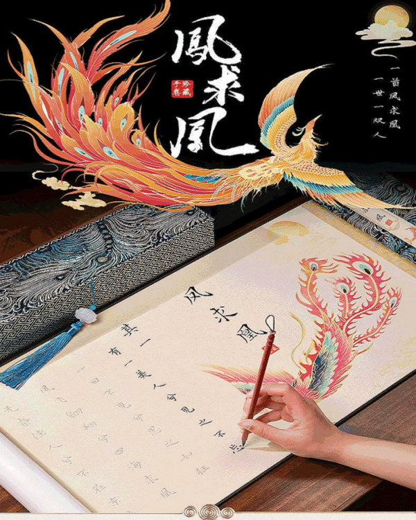 002 Eternal Blue Color Xuan Paper Scroll Tracing Copying Phoenix Seeking A Mate Pursuing love proposing marriage calligraphy Artwork Brocade Box Sets