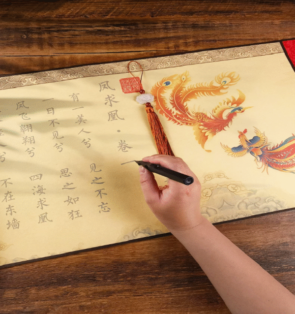 Tracing Copying  Phoenix Seeking A Mate Chinese Letter Pursuing love proposing marriage Copying calligraphy on Xuan paper hand scroll Brocade Box Sets