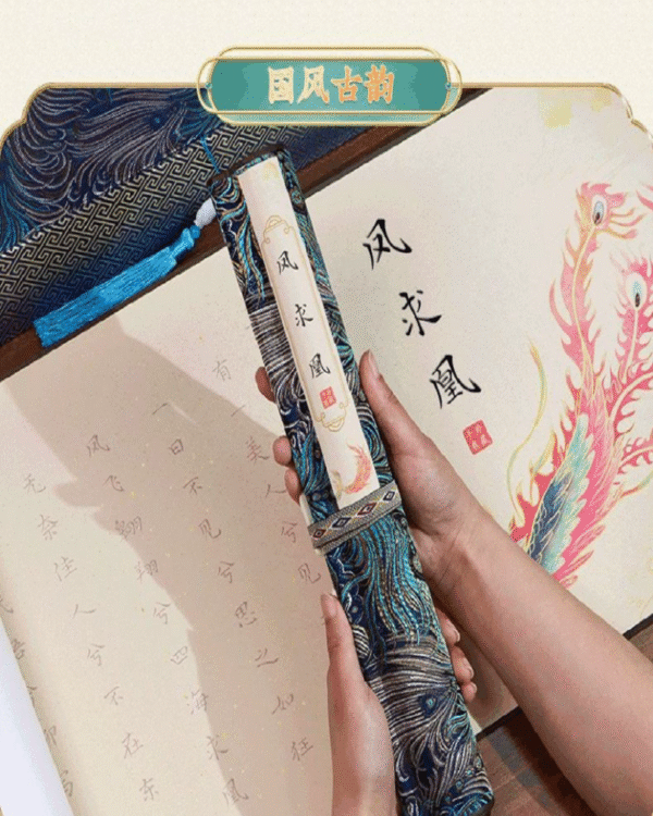 004 Eternal Blue Color Xuan Paper Scroll Tracing Copying Phoenix Seeking A Mate Pursuing love proposing marriage calligraphy Artwork Brocade Box Sets