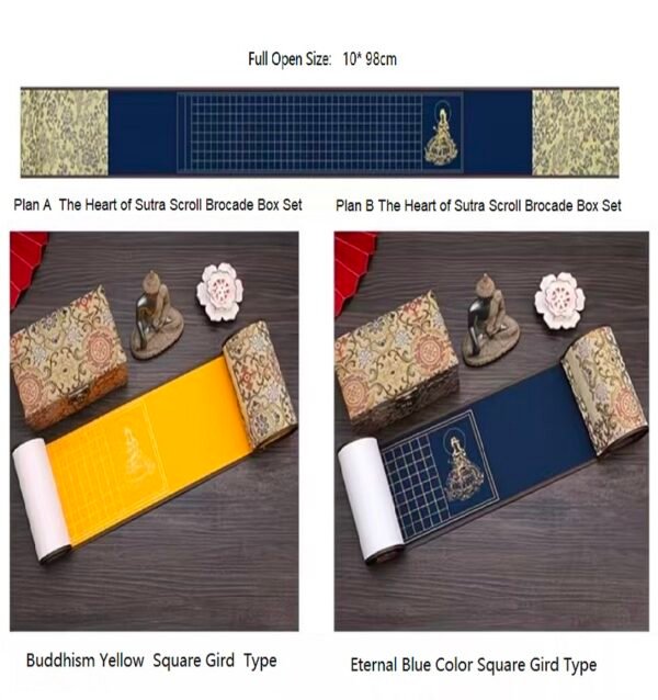 Buddhism Yellow  Eternal Blue Xuan Paper Calligraphy Paper Hand Scroll Song Brocade Samite Box Set of Writing The Heart of Sutra