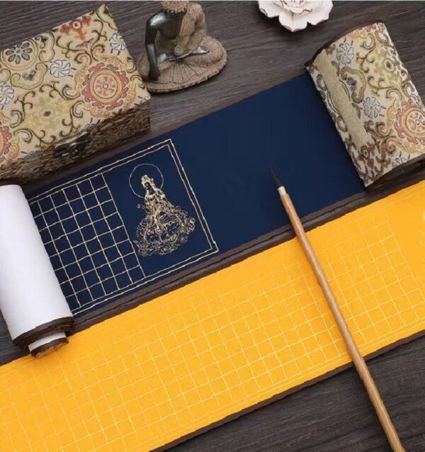 Buddhism Yellow  Eternal Blue Xuan Paper Calligraphy Paper Hand Scroll Song Brocade Samite Box Set of Writing The Heart of Sutra