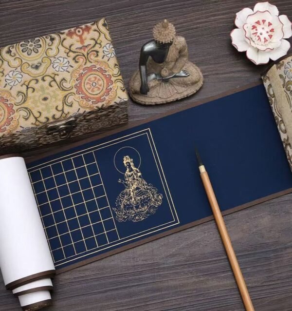 Buddhism Yellow  Eternal Blue Xuan Paper Calligraphy Paper Hand Scroll Song Brocade Samite Box Set of Writing The Heart of Sutra