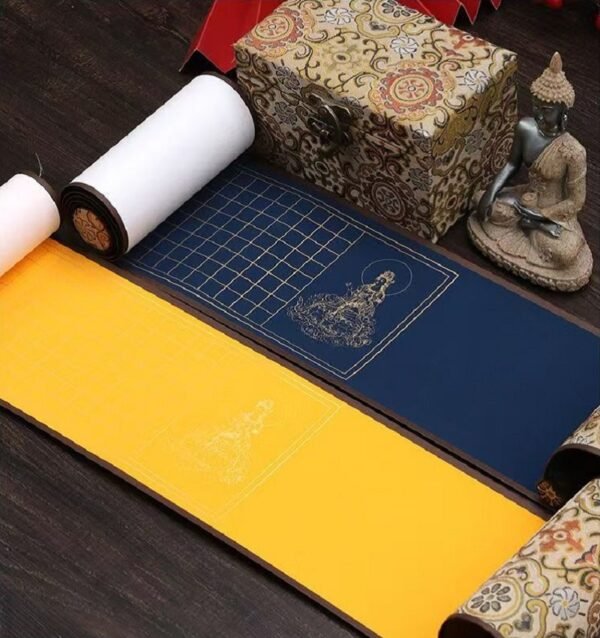 Buddhism Yellow  Eternal Blue Xuan Paper Calligraphy Paper Hand Scroll Song Brocade Samite Box Set of Writing The Heart of Sutra