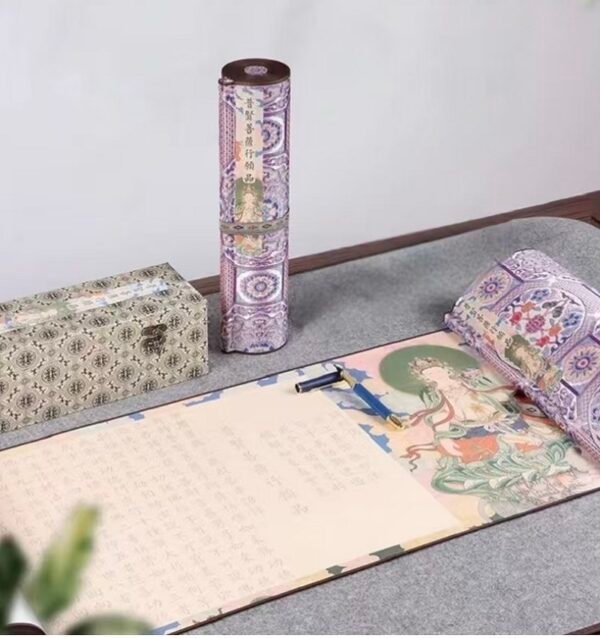 35*795cm Xuan Paper Hand Scroll Copying Universal Virtue Bodhisattva"s  Practices and Vows" Chapter Song Brocade Box Set 