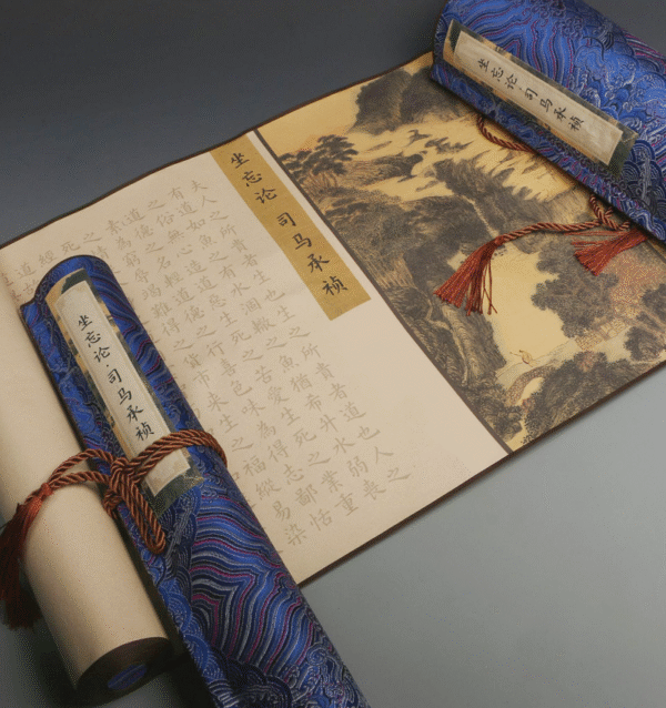 Xuan Paper Hand Scroll Copying Chinese Daoism Classic Longevity Article 《 ZUO WANG LUN 》Tang Dynasty Song Brocade Box
