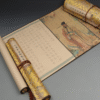 Xuan Paper Hand Scroll Copying Chinese Daoism Classic  Do Good Deeds  Article 《 YIN ZHI WEN 》 Song Brocade Box 