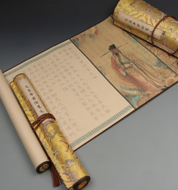 Xuan Paper Hand Scroll Copying Chinese Daoism Classic  Do Good Deeds  Article 《 YIN ZHI WEN 》 Song Brocade Box 