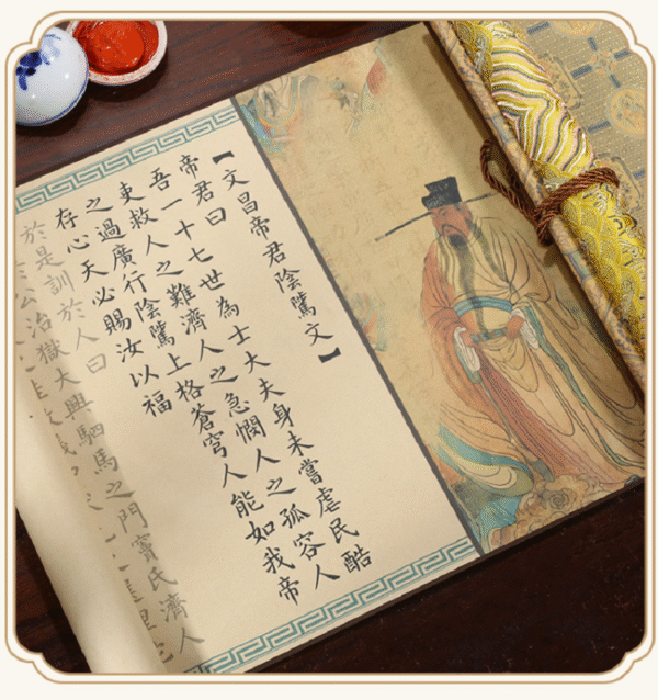 Xuan Paper Hand Scroll Copying Chinese Daoism Classic  Do Good Deeds  Article 《 YIN ZHI WEN 》 Song Brocade Box 