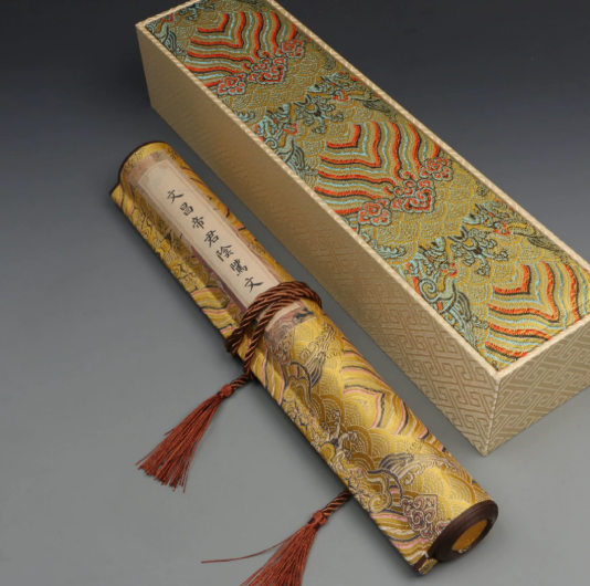 Xuan Paper Hand Scroll Copying Chinese Daoism Classic  Do Good Deeds  Article 《 YIN ZHI WEN 》 Song Brocade Box 