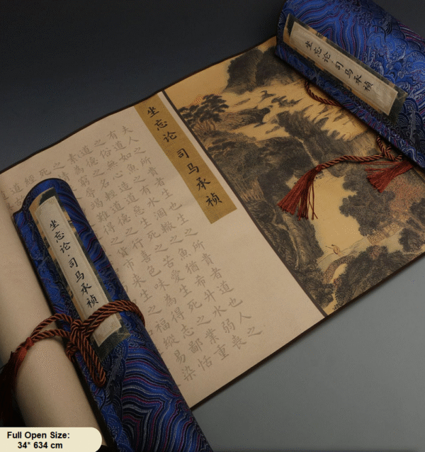 Xuan Paper Hand Scroll Copying Chinese Daoism Classic Longevity Article 《 ZUO WANG LUN 》Tang Dynasty Song Brocade Box