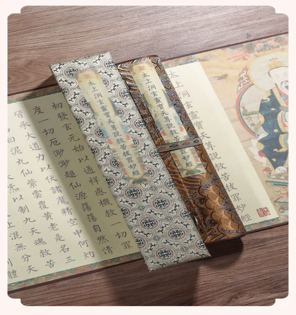010 Xuan Paper Hand Scroll Daoism Scripture Copying Writing The Suprme Marvelous Scripture Song Brocade Box Set