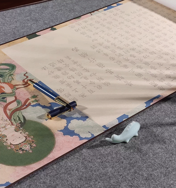 35*795cm Xuan Paper Hand Scroll Copying Universal Virtue Bodhisattva"s  Practices and Vows" Chapter Song Brocade Box Set 