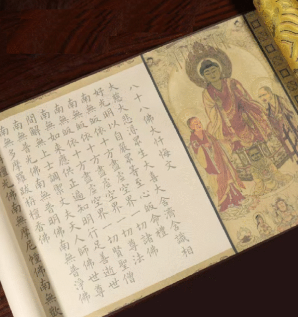 Xuan Paper Hand Scroll Copying  Buddhism  Article < The Great Repentance Sutra of Eighty-Eight Buddhas > Song Brocade Box